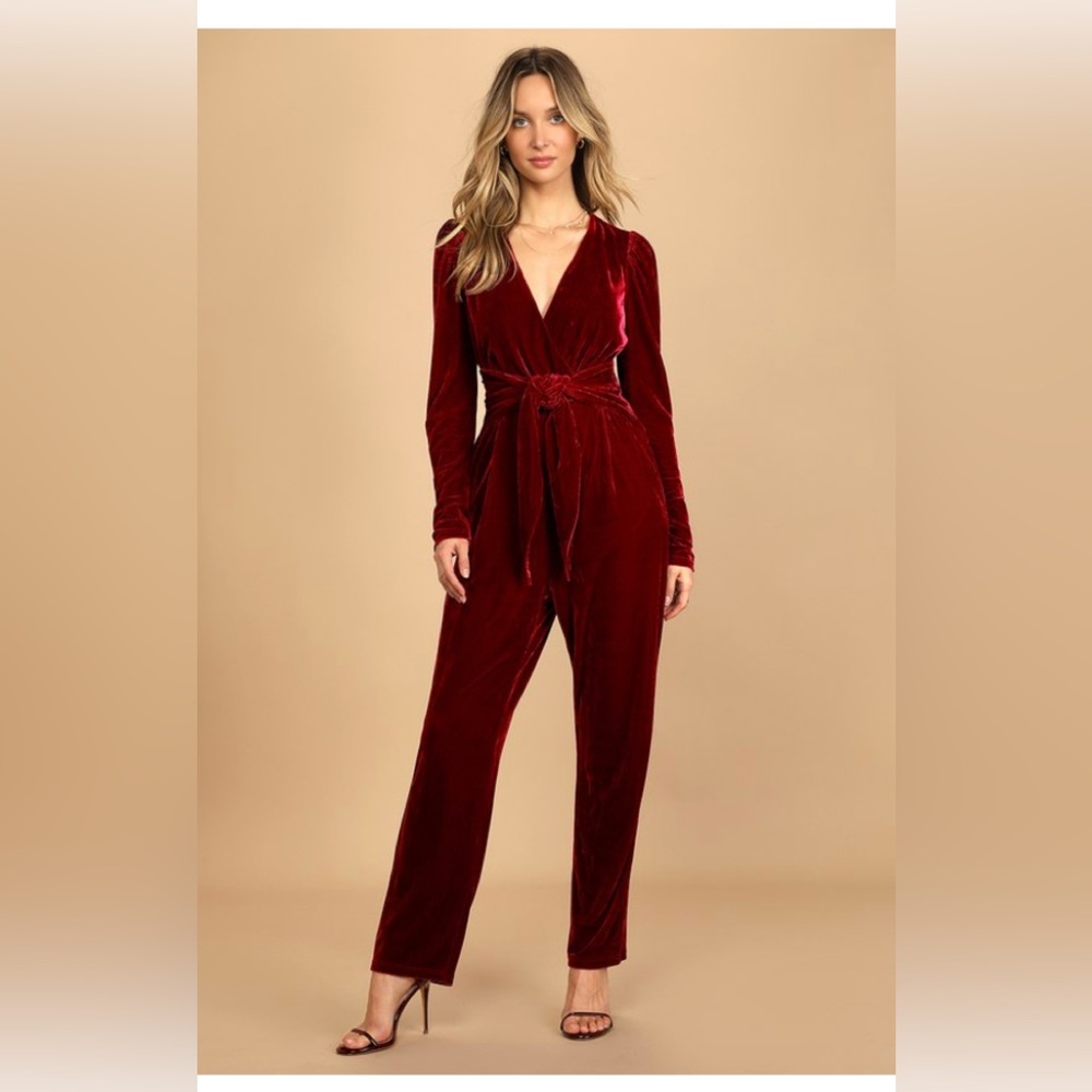 Feeling Festive Burgundy Velvet Surplice Long Sleeve Jumpsuit